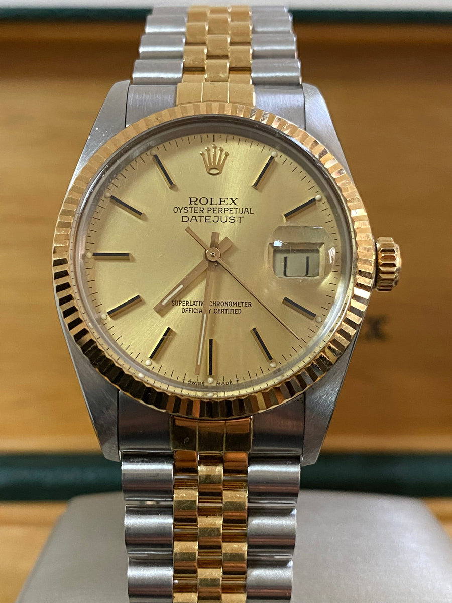 Rolex Steel and Yellow Gold Datejust 36 - R serial - Fluted Bezel - Champagne Index Dial - Jubilee Bracelet - 16013