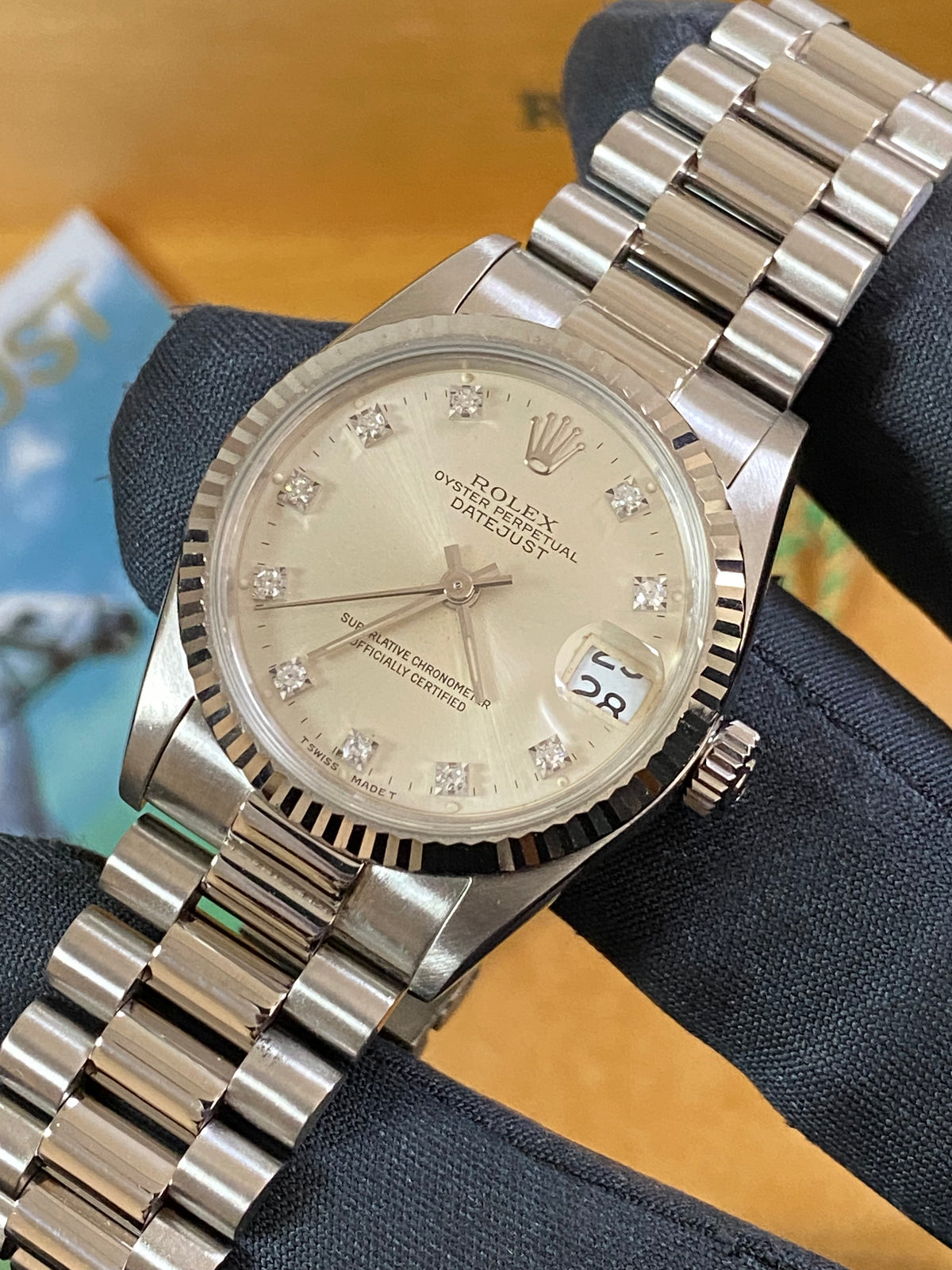 Rolex White Gold Datejust 31 - L Serial - Fluted Bezel - Factory Diamond Dial - President Bracelet - 68279