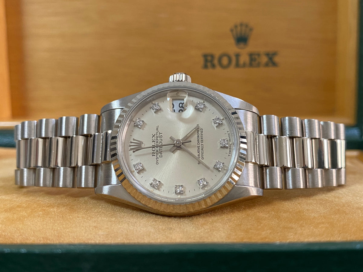 Rolex White Gold Datejust 31 - L Serial - Fluted Bezel - Factory Diamond Dial - President Bracelet - 68279