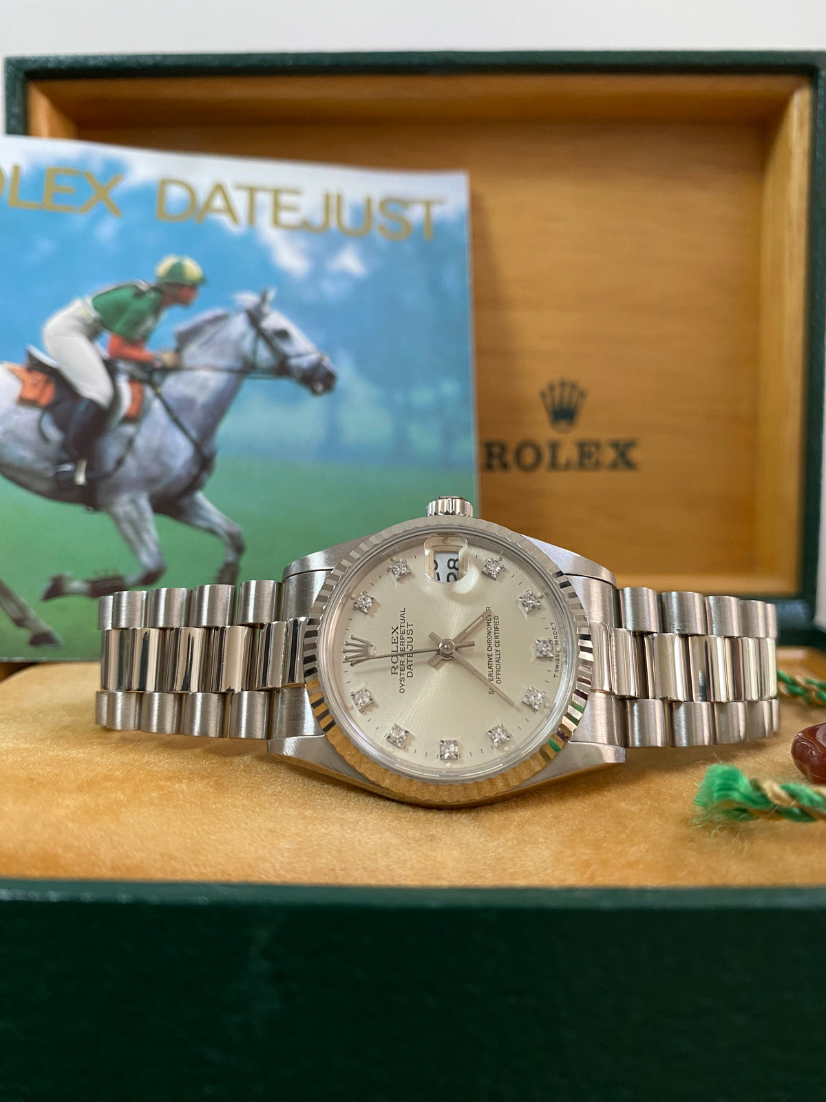 Rolex White Gold Datejust 31 - L Serial - Fluted Bezel - Factory Diamond Dial - President Bracelet - 68279