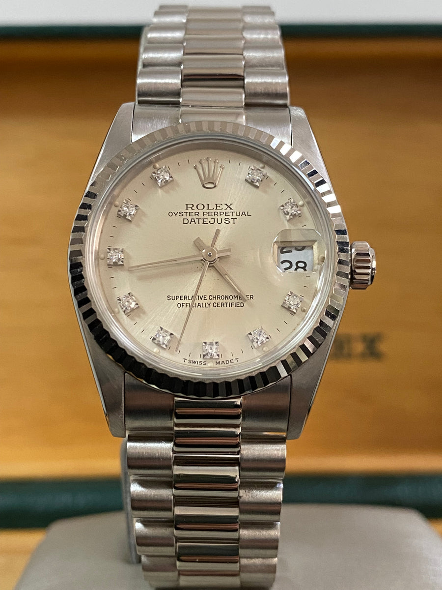 Rolex White Gold Datejust 31 - L Serial - Fluted Bezel - Factory Diamond Dial - President Bracelet - 68279