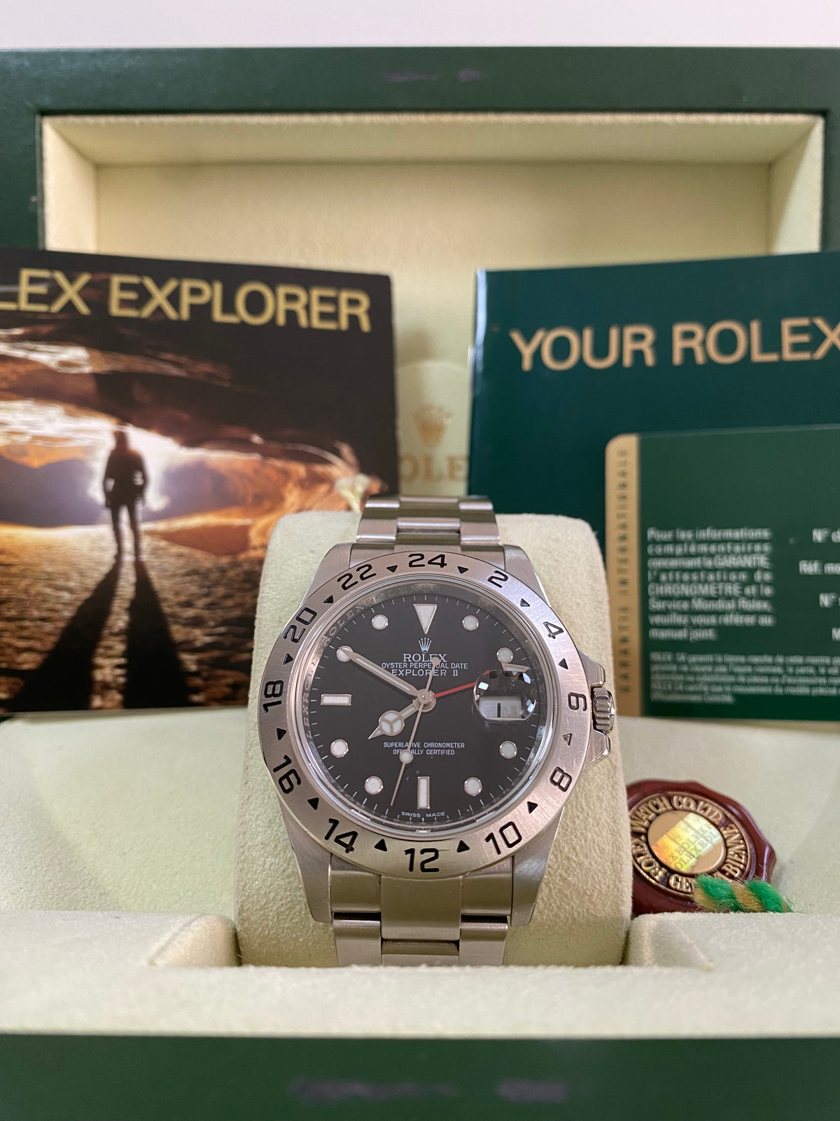 Rolex Steel Oyster Perpetual Explorer II - V serial - Black Dial - Mercedes Hand - 3186 Movement - 16570 *FULL SET*