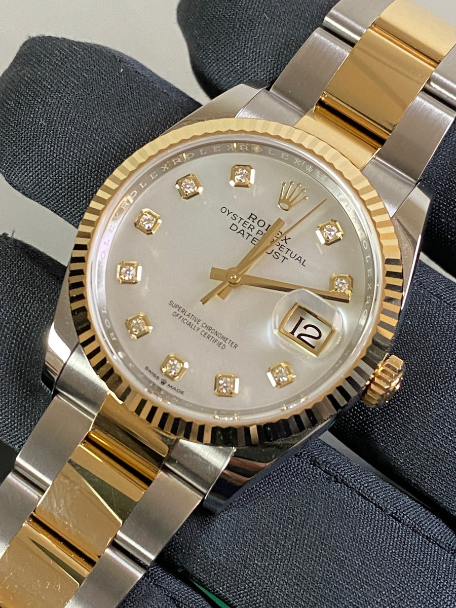 Rolex Yellow Gold Rolesor Datejust 36 - 2023 - White Mother-Of-Pearl Diamond Dial - Oyster Bracelet - 126233