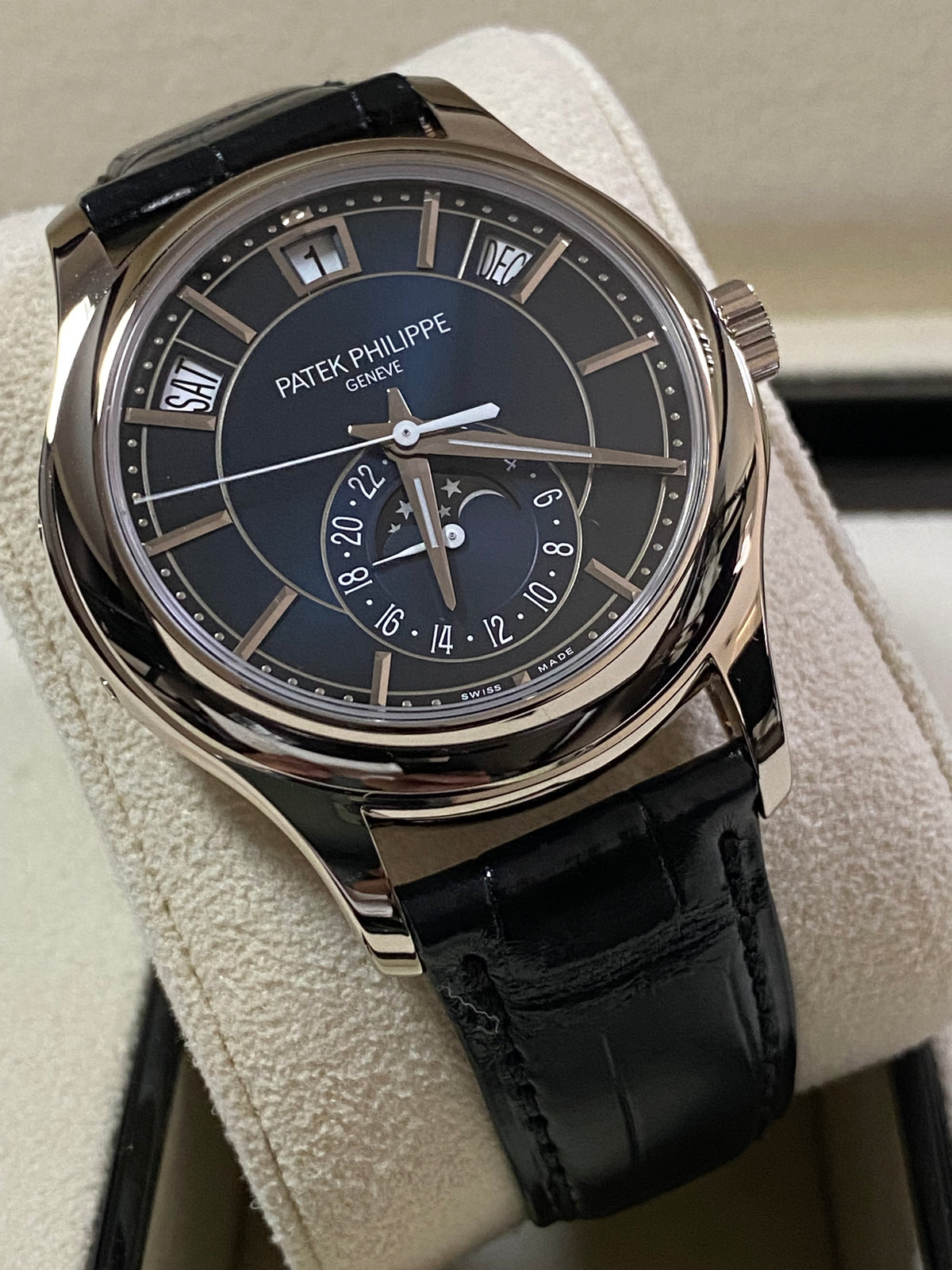 Patek Philippe Complications Annual Calendar "Moon Phases" - Blue Sunburst Dial - 5205G-013