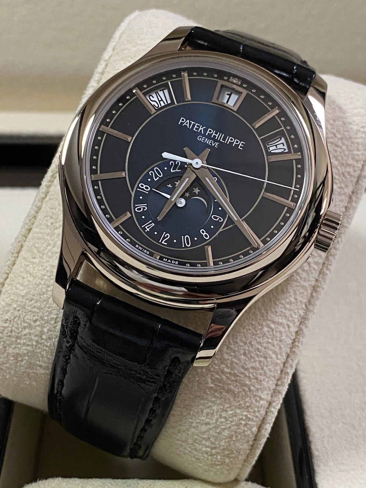 Patek Philippe Complications Annual Calendar "Moon Phases" - Blue Sunburst Dial - 5205G-013