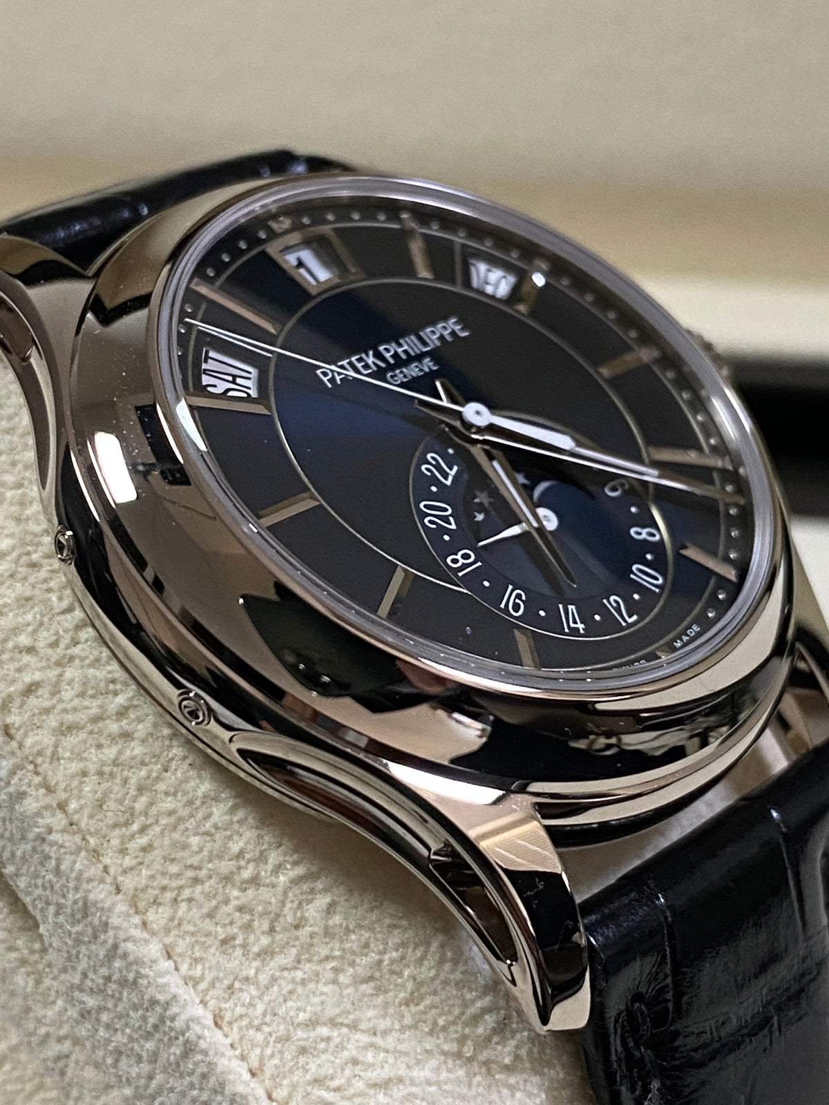 Patek Philippe Complications Annual Calendar "Moon Phases" - Blue Sunburst Dial - 5205G-013