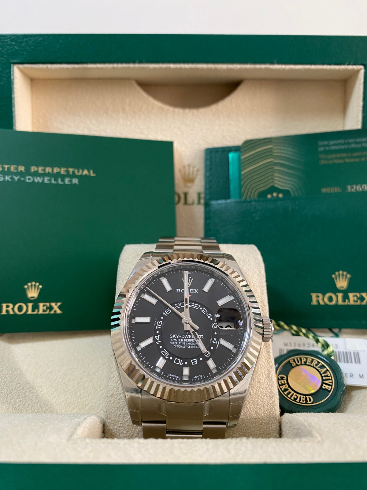 Rolex White Rolesor Sky-Dweller - 2021 - Black Index Dial - Oyster Bracelet - 326934 *FULL STICKERS*