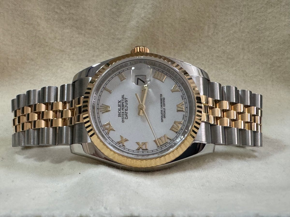 Rolex Steel and Yellow Gold Datejust 36 - D serial - Fluted Bezel - White Roman Dial - Jubilee Bracelet - 116233 COMPLETE SET