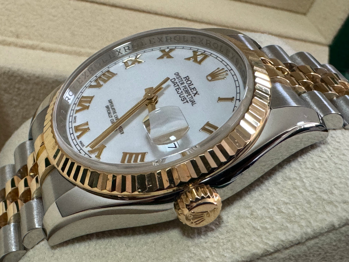 Rolex Steel and Yellow Gold Datejust 36 - D serial - Fluted Bezel - White Roman Dial - Jubilee Bracelet - 116233 COMPLETE SET