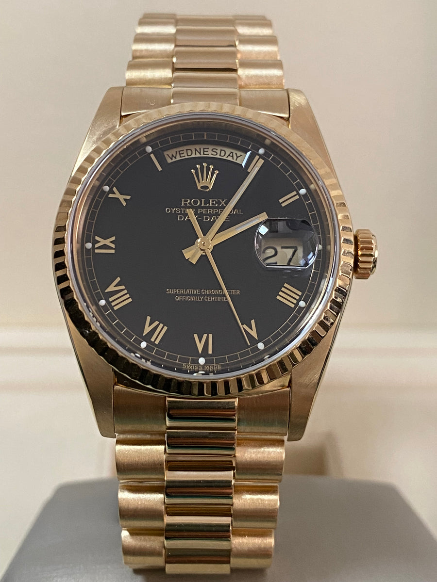 Rolex Yellow Gold Day-Date 36 - E serial - Fluted Bezel - Black Roman Dial - Double Quickset - President Bracelet - 18238