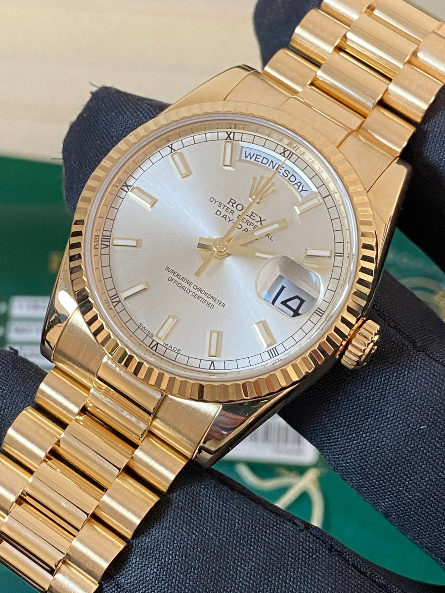 Rolex Yellow Gold Day-Date 36 - M serial - Fluted Bezel - Silver Index Dial - President Bracelet - 118238 *OPEN CARD*