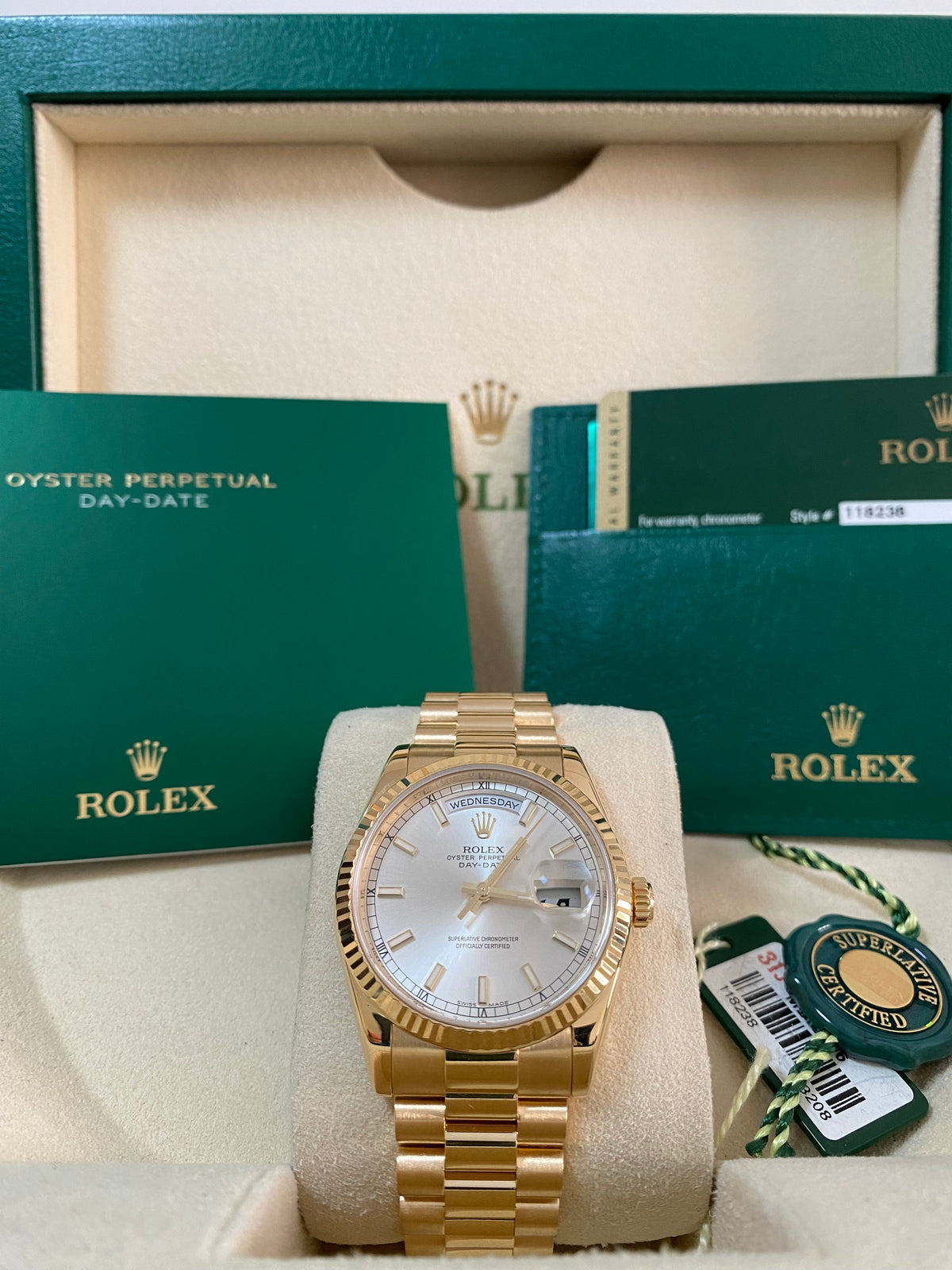 Rolex Yellow Gold Day-Date 36 - M serial - Fluted Bezel - Silver Index Dial - President Bracelet - 118238 *OPEN CARD*