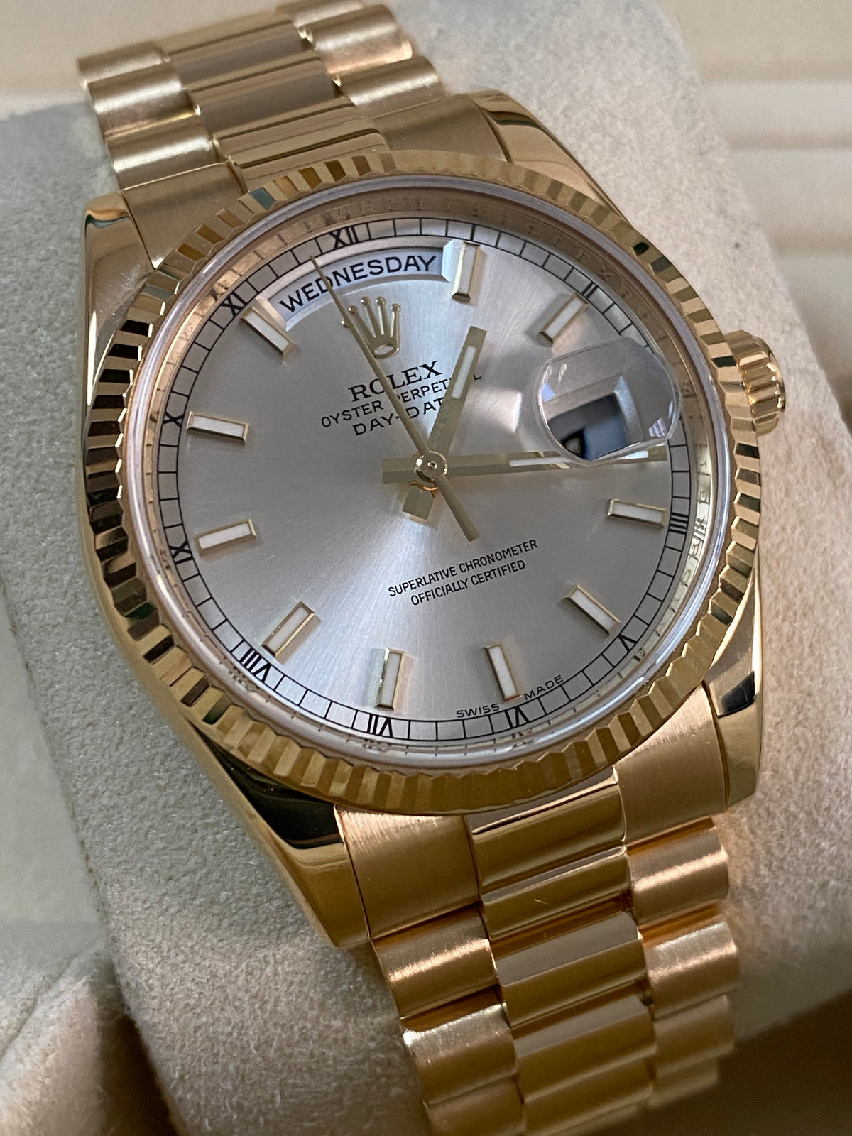 Rolex Yellow Gold Day-Date 36 - M serial - Fluted Bezel - Silver Index Dial - President Bracelet - 118238 *OPEN CARD*