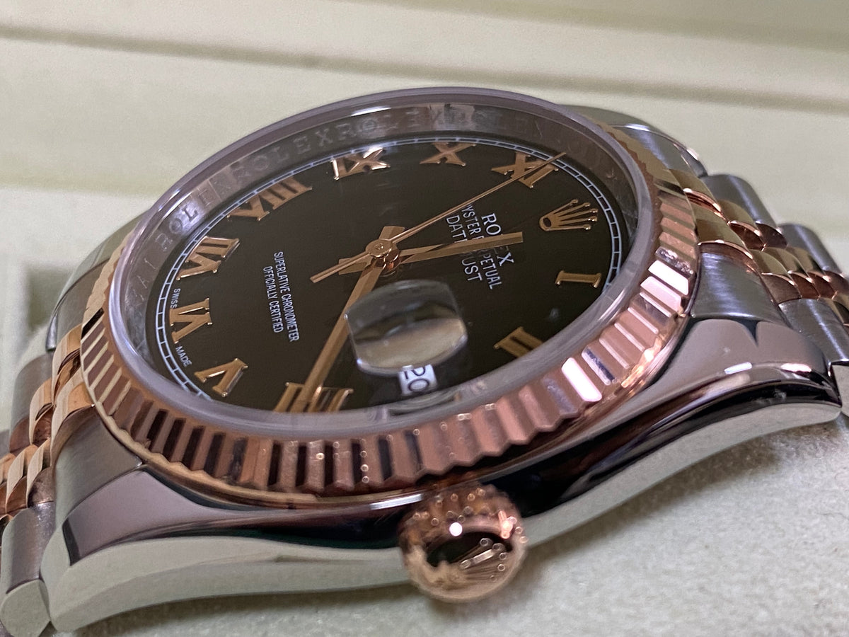 Rolex Steel and Everose Gold Datejust 36 - Fluted Bezel - Black Roman Dial - Jubilee Bracelet - 116231