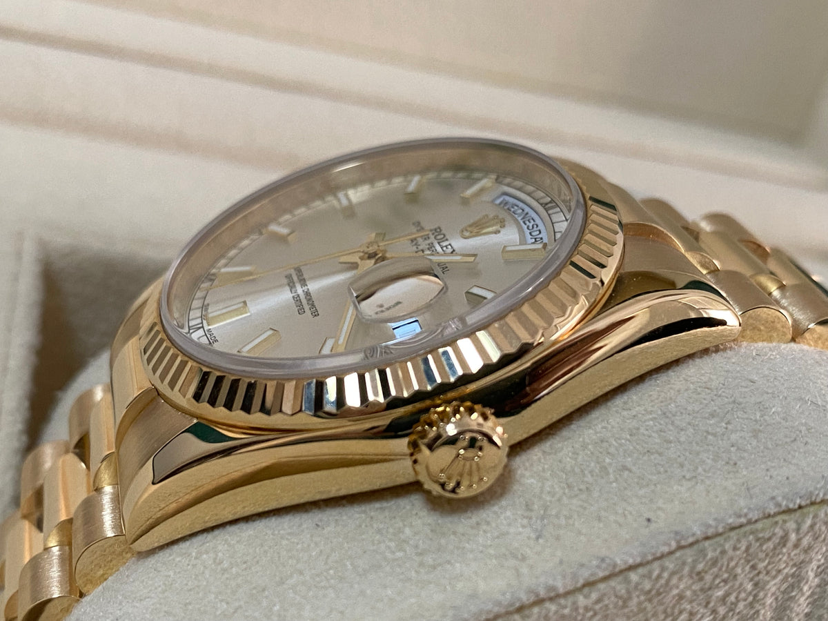 Rolex Yellow Gold Day-Date 36 - M serial - Fluted Bezel - Silver Index Dial - President Bracelet - 118238 *OPEN CARD*