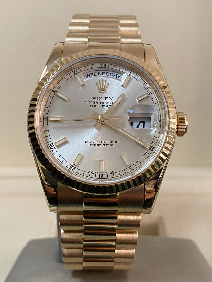 Rolex Yellow Gold Day-Date 36 - M serial - Fluted Bezel - Silver Index Dial - President Bracelet - 118238 *OPEN CARD*