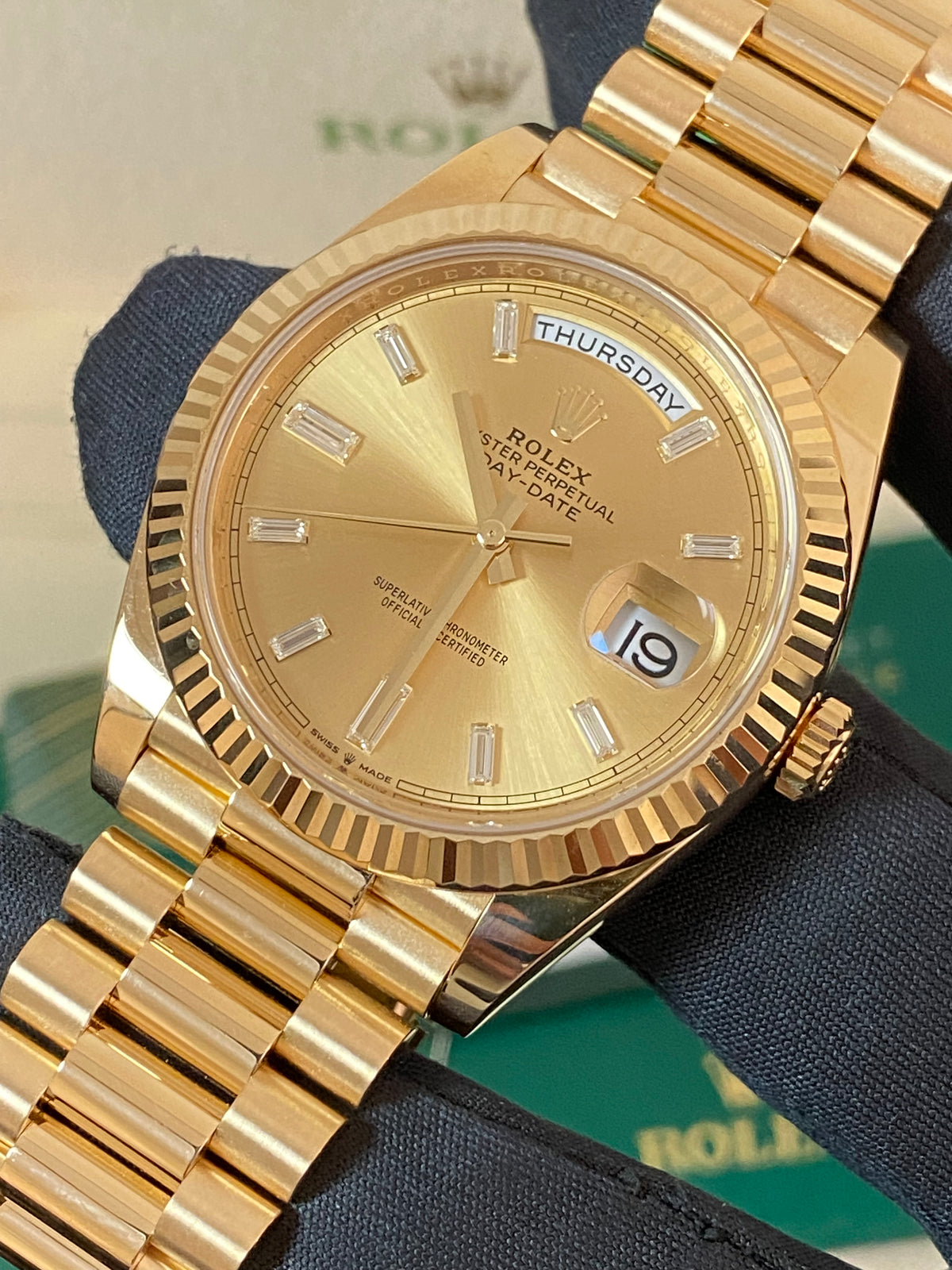 Rolex Yellow Gold Day-Date 40 - 2022 - Fluted Bezel - Baguette Diamond Dial - President Bracelet - 228238 *FULL SET*