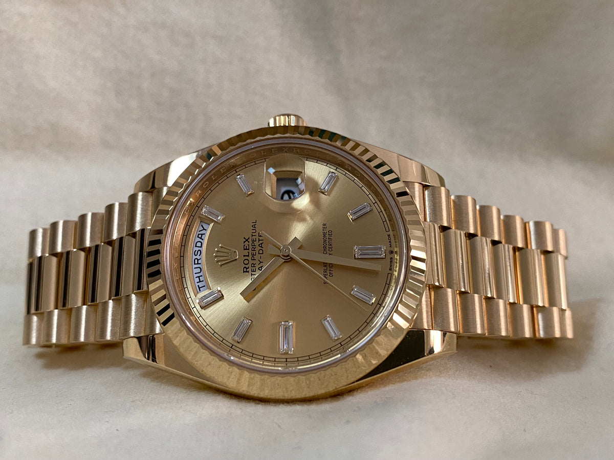 Rolex Yellow Gold Day-Date 40 - 2022 - Fluted Bezel - Baguette Diamond Dial - President Bracelet - 228238 *FULL SET*