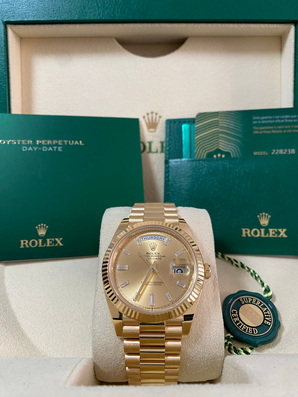 Rolex Yellow Gold Day-Date 40 - 2022 - Fluted Bezel - Baguette Diamond Dial - President Bracelet - 228238 *FULL SET*