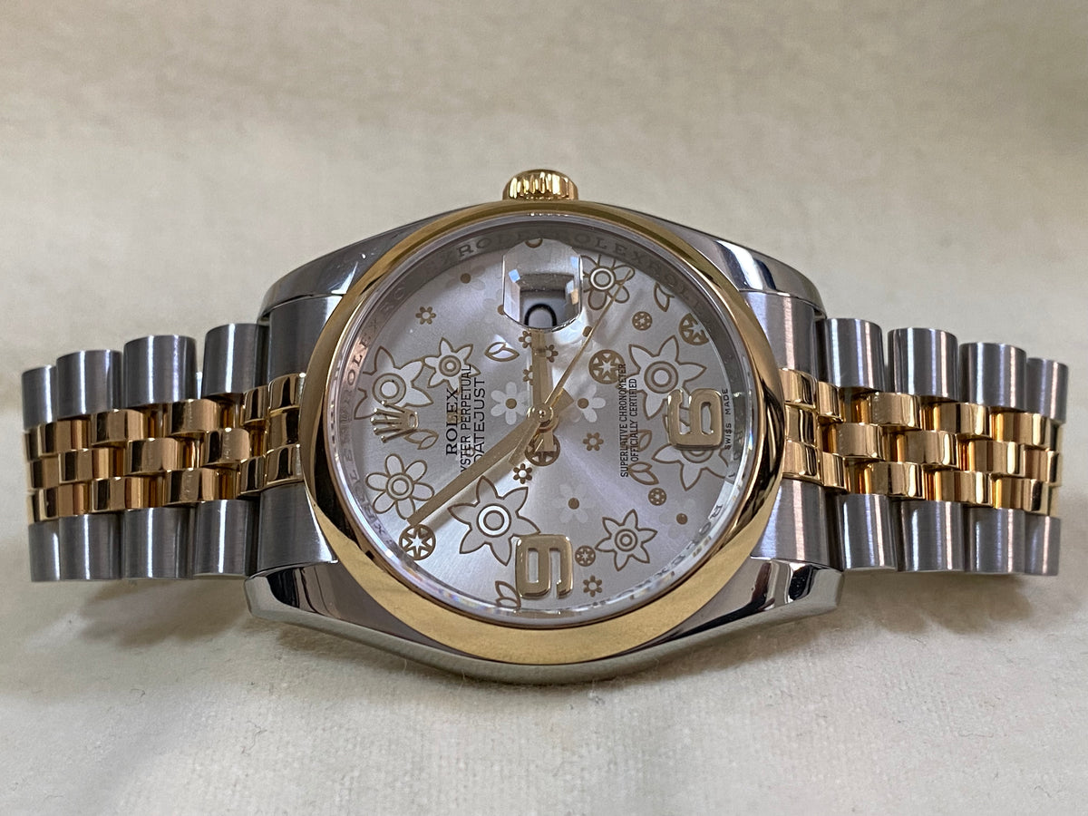 Rolex Steel and Yellow Gold Datejust 36 - Silver Floral Motif Dial -Jubilee Bracelet - 116203