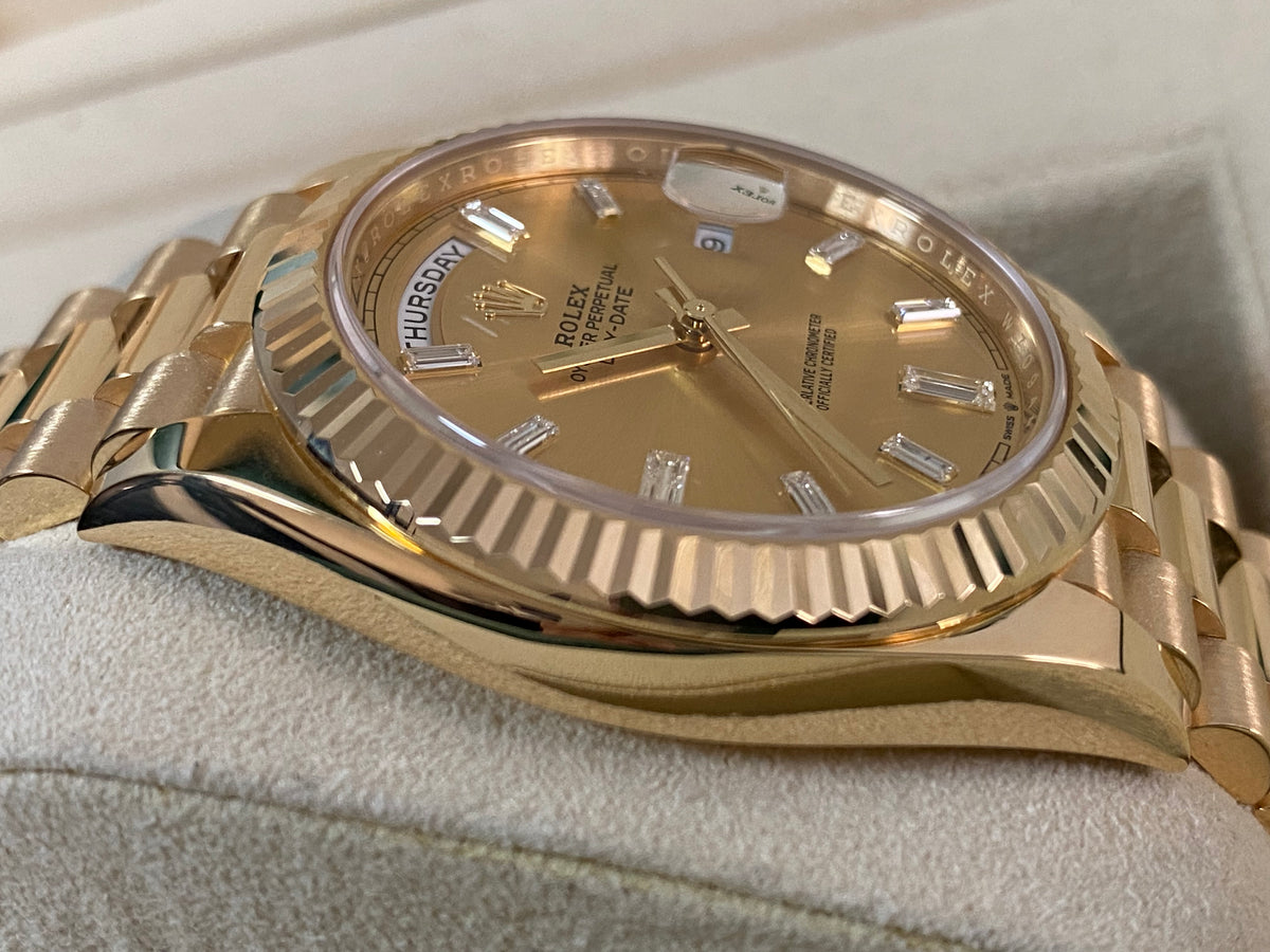 Rolex Yellow Gold Day-Date 40 - 2022 - Fluted Bezel - Baguette Diamond Dial - President Bracelet - 228238 *FULL SET*