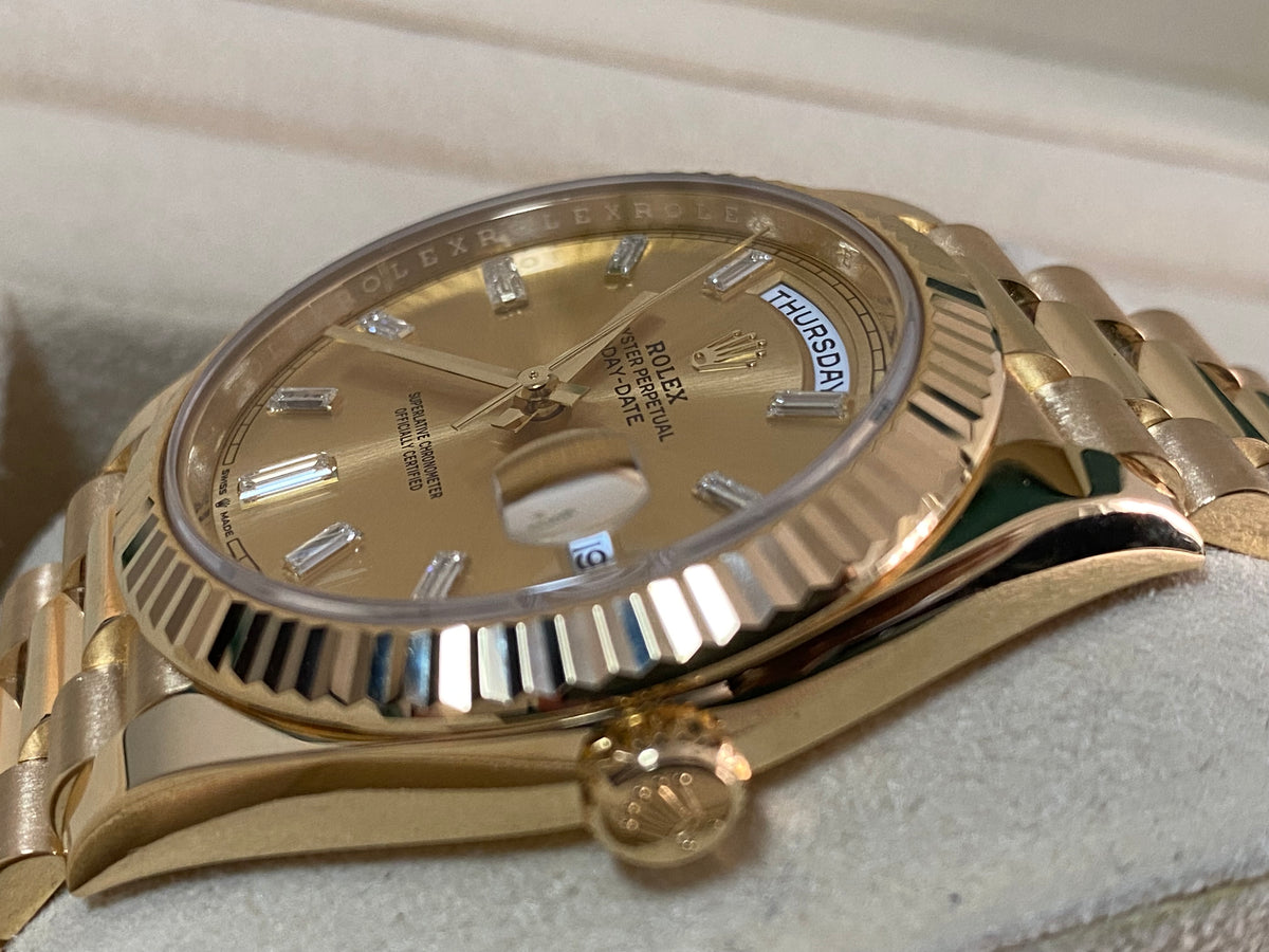 Rolex Yellow Gold Day-Date 40 - 2022 - Fluted Bezel - Baguette Diamond Dial - President Bracelet - 228238 *FULL SET*