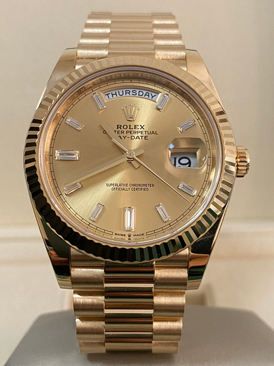 Rolex Yellow Gold Day-Date 40 - 2022 - Fluted Bezel - Baguette Diamond Dial - President Bracelet - 228238 *FULL SET*