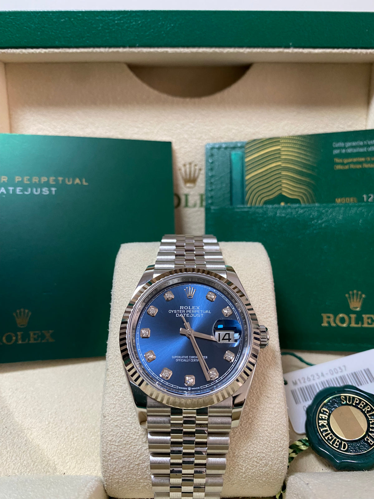 Rolex Steel Datejust 36 - 2024 - Fluted Bezel - Blue Diamond Dial - Jubilee Bracelet - 126234 *FULL SET*