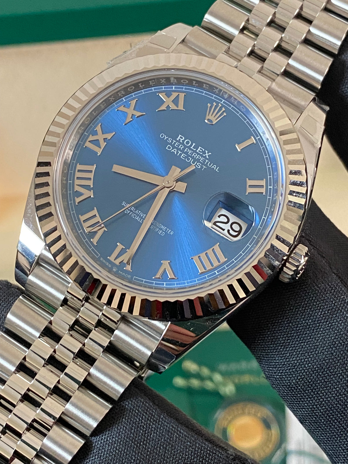 Rolex Steel and White Gold Datejust 41 - 2024 - Fluted Bezel - Azzurro-Blue Roman Dial - Jubilee Bracelet - 126334 *FULL SET*