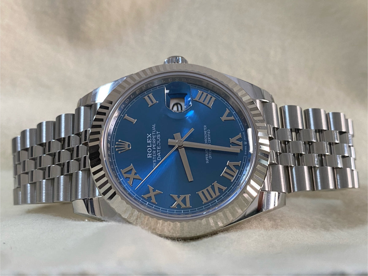 Rolex Steel and White Gold Datejust 41 - 2024 - Fluted Bezel - Azzurro-Blue Roman Dial - Jubilee Bracelet - 126334 *FULL SET*