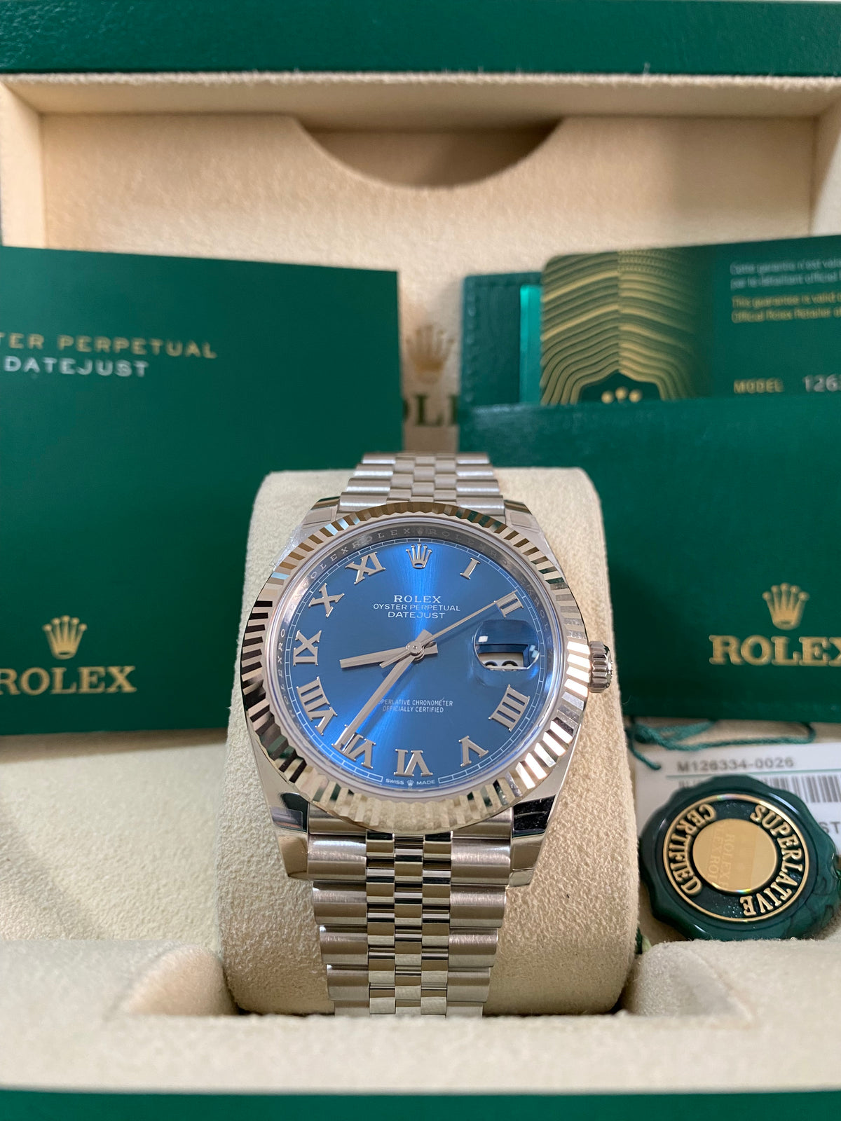 Rolex Steel and White Gold Datejust 41 - 2024 - Fluted Bezel - Azzurro-Blue Roman Dial - Jubilee Bracelet - 126334 *FULL SET*