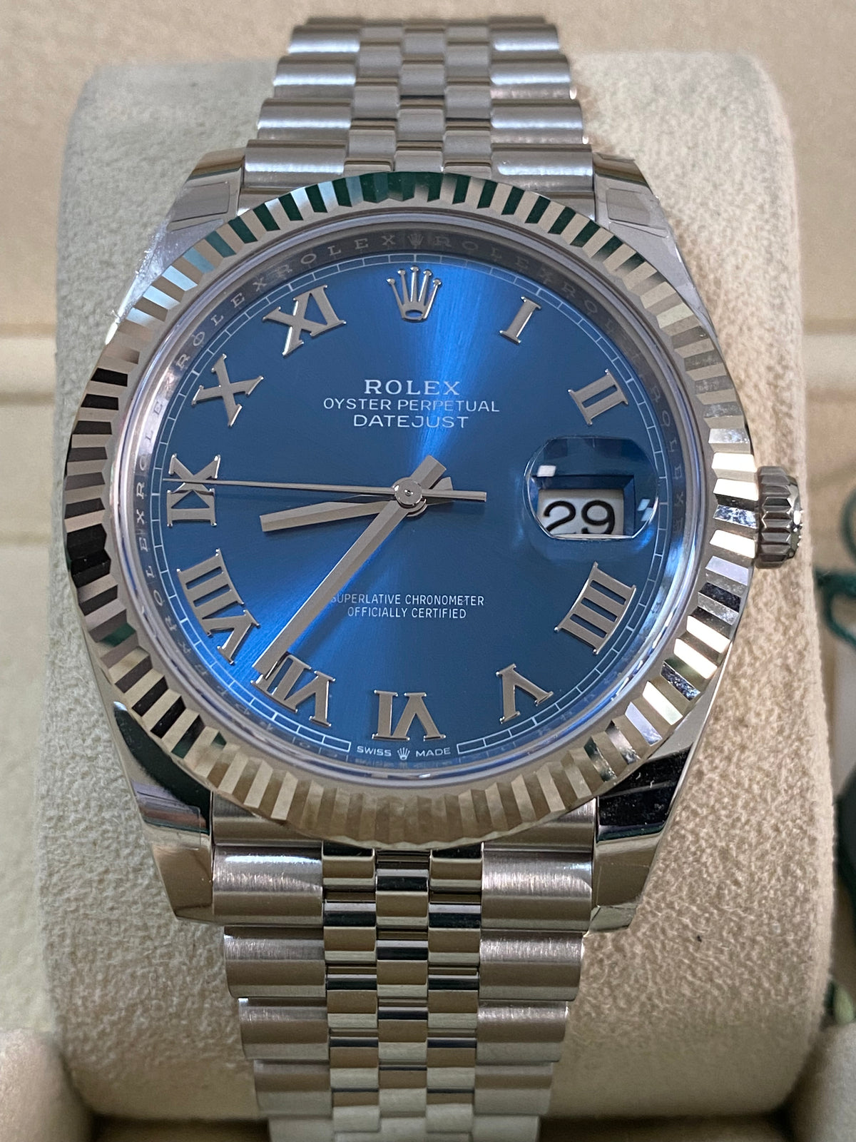 Rolex Steel and White Gold Datejust 41 - 2024 - Fluted Bezel - Azzurro-Blue Roman Dial - Jubilee Bracelet - 126334 *FULL SET*