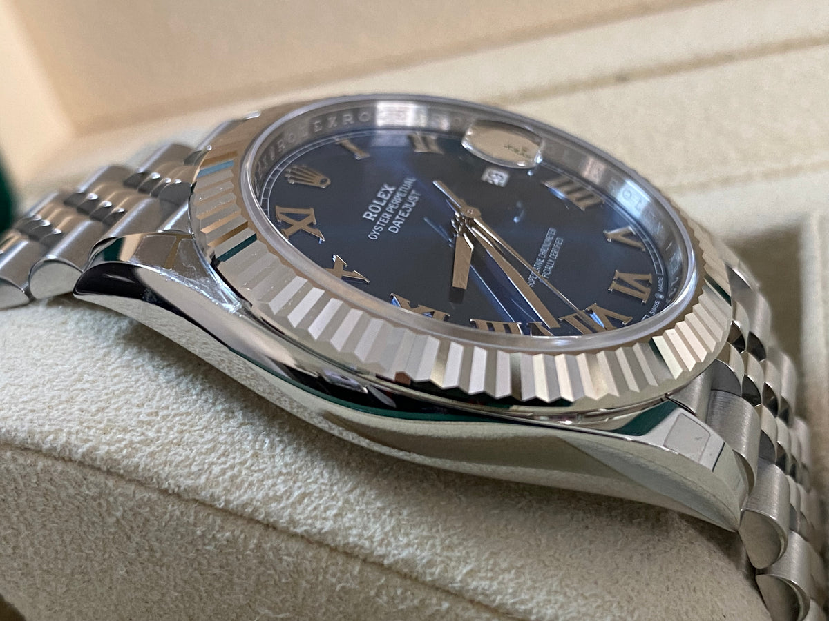 Rolex Steel and White Gold Datejust 41 - 2024 - Fluted Bezel - Azzurro-Blue Roman Dial - Jubilee Bracelet - 126334 *FULL SET*