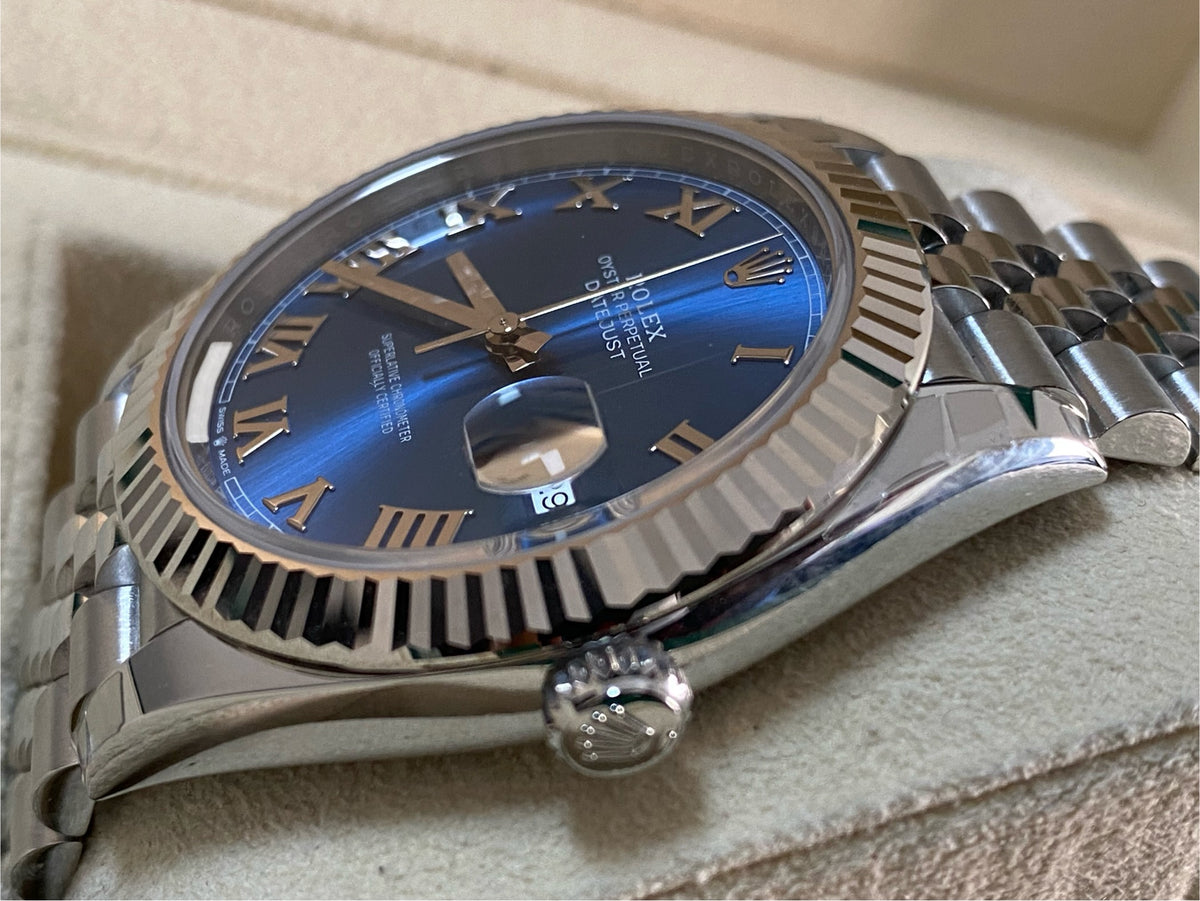 Rolex Steel and White Gold Datejust 41 - 2024 - Fluted Bezel - Azzurro-Blue Roman Dial - Jubilee Bracelet - 126334 *FULL SET*