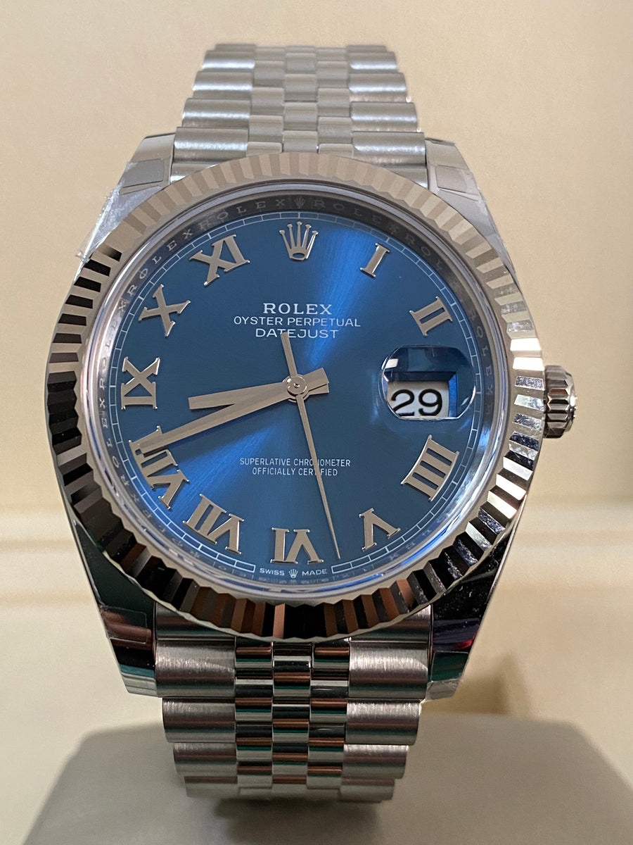 Rolex Steel and White Gold Datejust 41 - 2024 - Fluted Bezel - Azzurro-Blue Roman Dial - Jubilee Bracelet - 126334 *FULL SET*