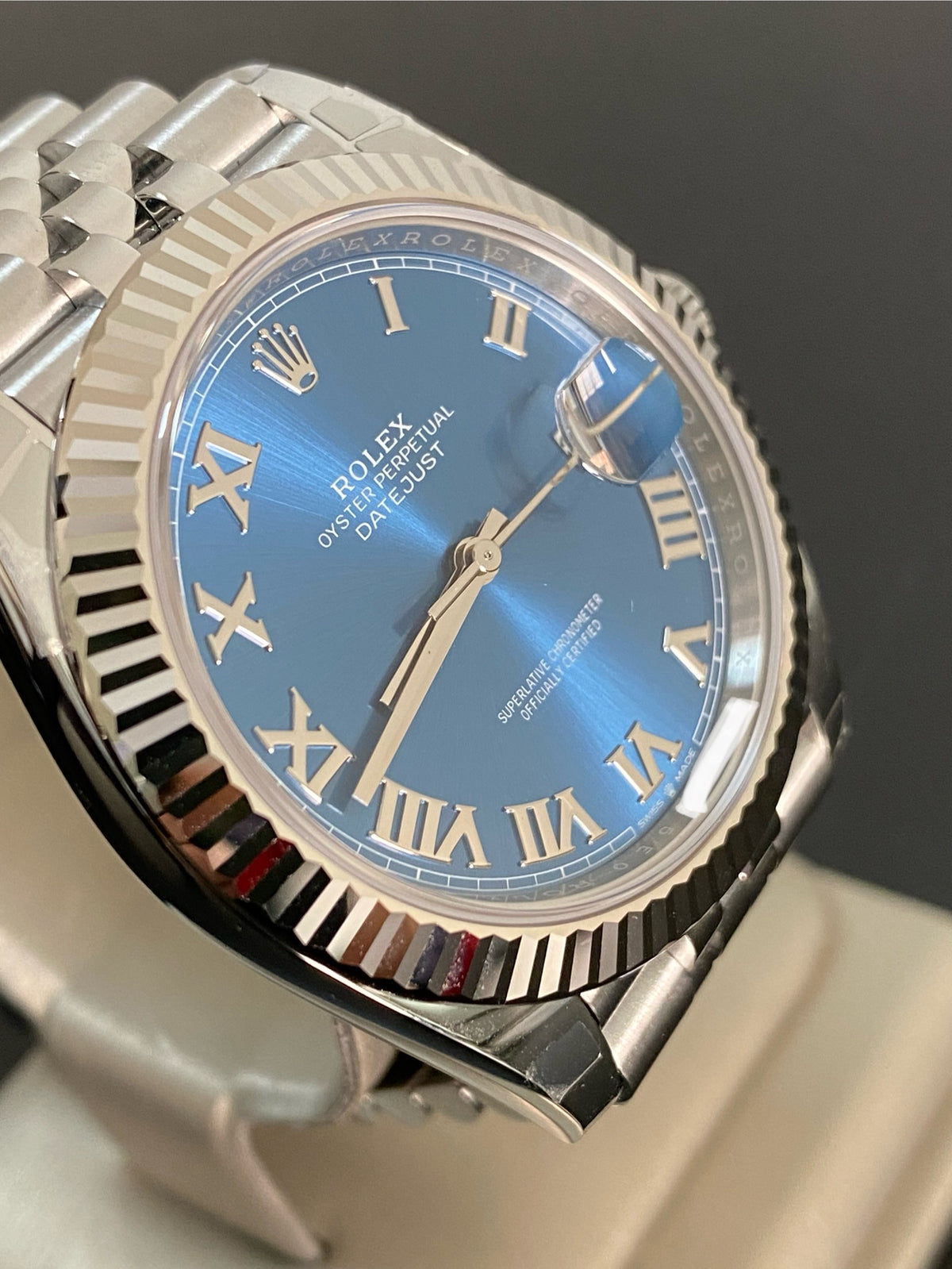 Rolex Steel and White Gold Datejust 41 - 2024 - Fluted Bezel - Azzurro-Blue Roman Dial - Jubilee Bracelet - 126334 *FULL SET*