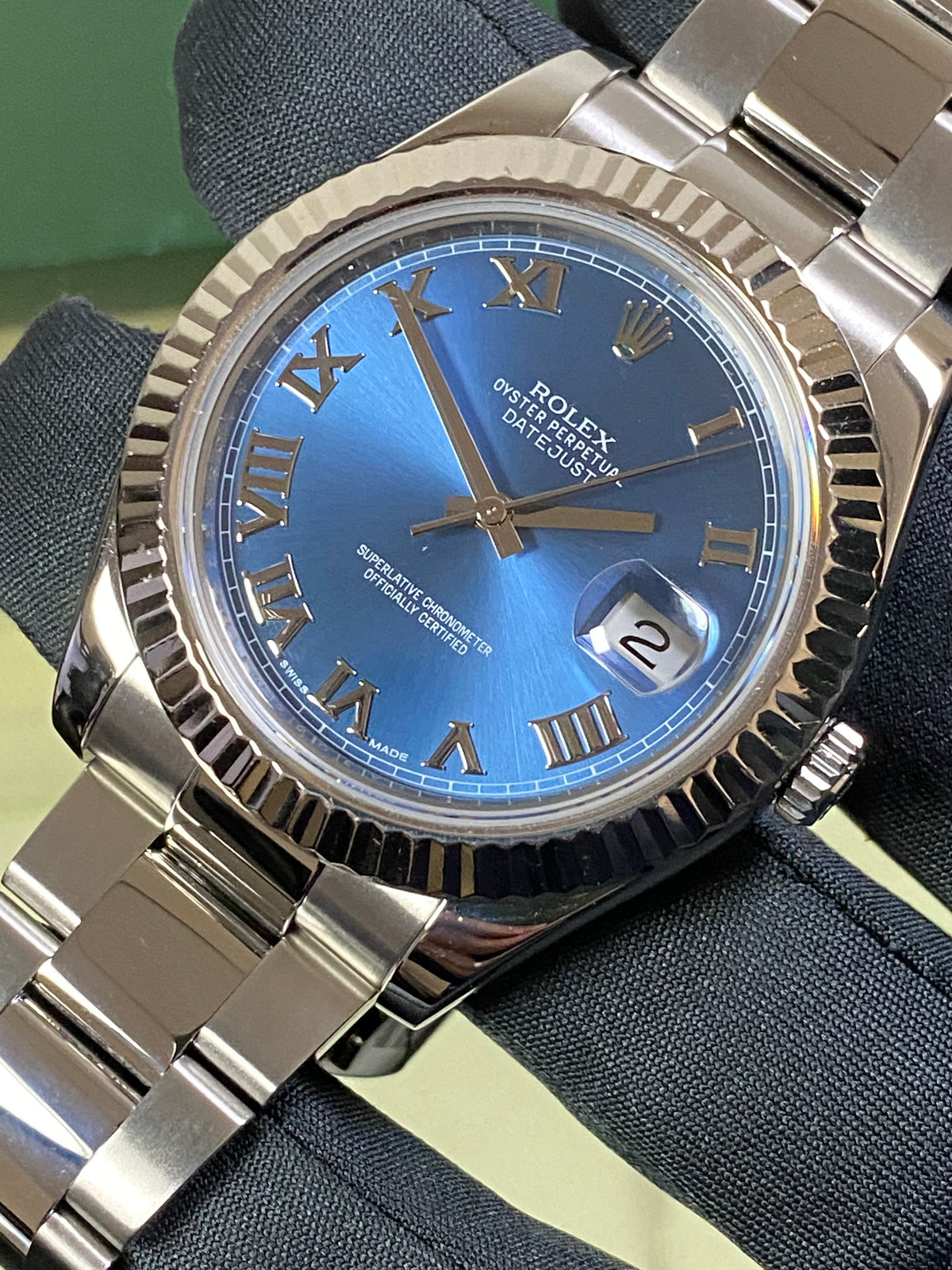 Rolex Steel Datejust II - 2012 - Fluted Bezel - Blue Roman Dial - Oyster Bracelet - 116334