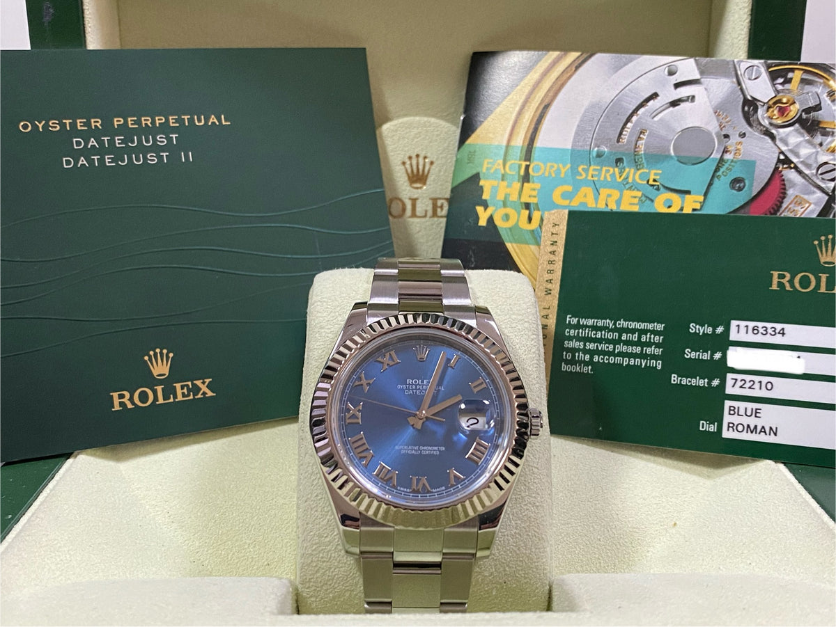 Rolex Steel Datejust II - 2012 - Fluted Bezel - Blue Roman Dial - Oyster Bracelet - 116334