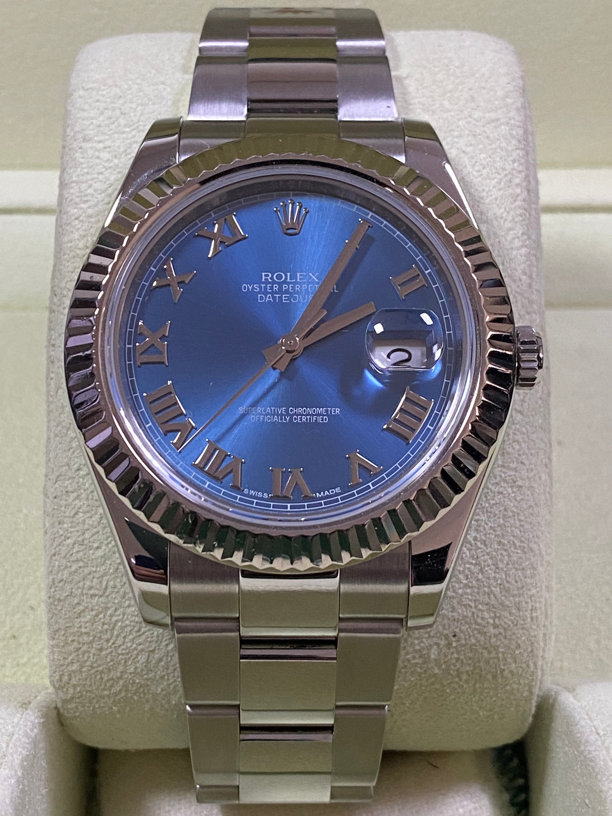 Rolex Steel Datejust II - 2012 - Fluted Bezel - Blue Roman Dial - Oyster Bracelet - 116334