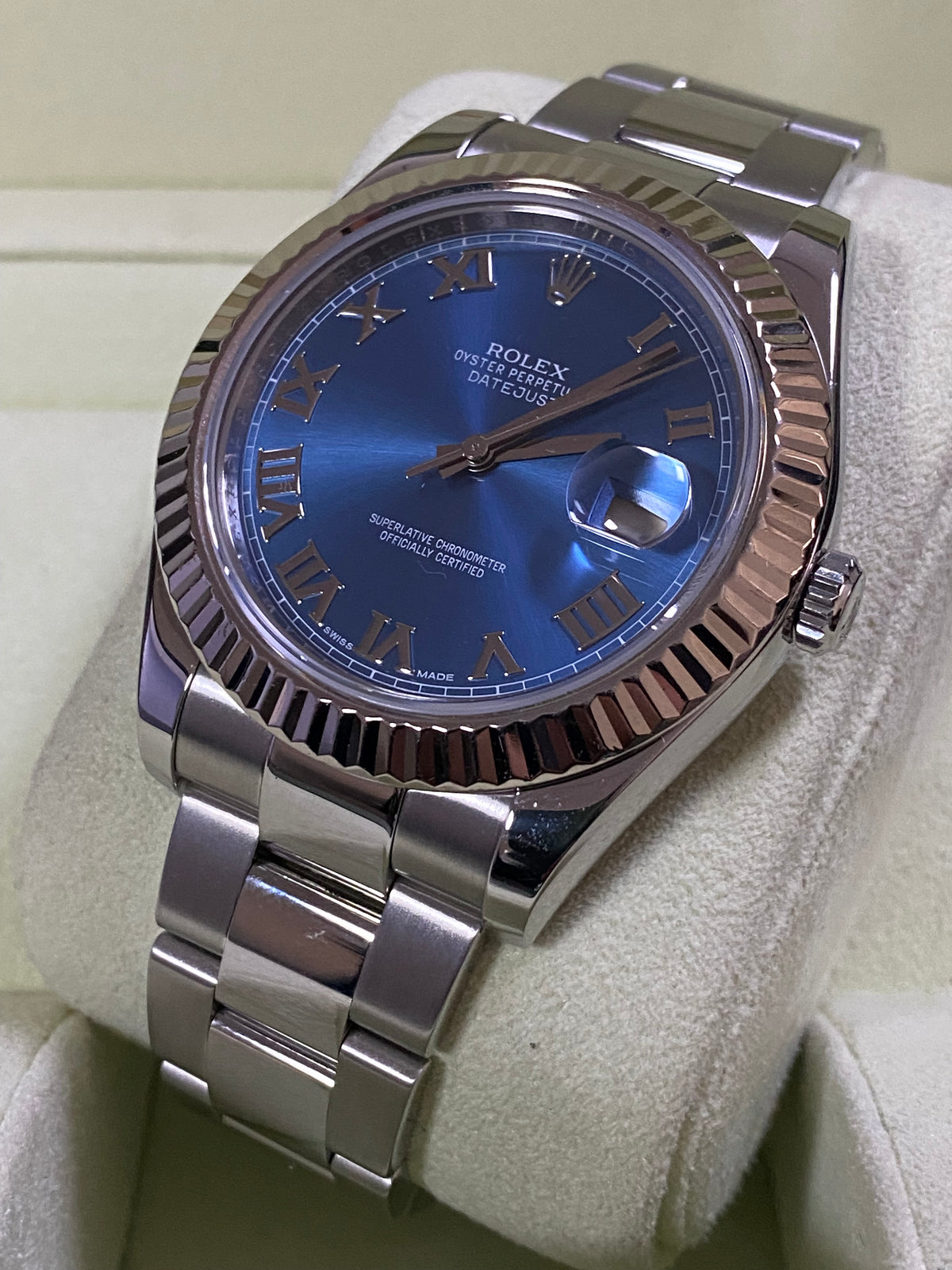 Rolex Steel Datejust II - 2012 - Fluted Bezel - Blue Roman Dial - Oyster Bracelet - 116334