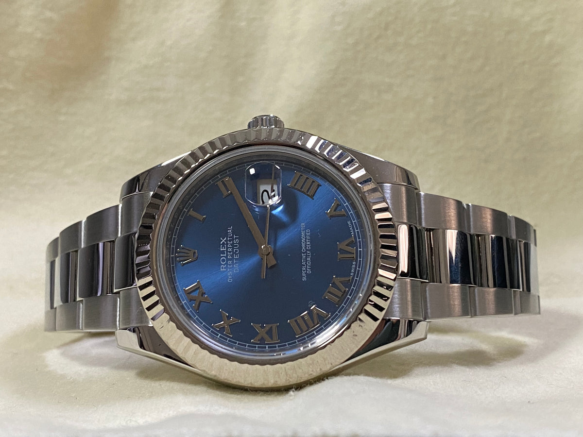 Rolex Steel Datejust II - 2012 - Fluted Bezel - Blue Roman Dial - Oyster Bracelet - 116334