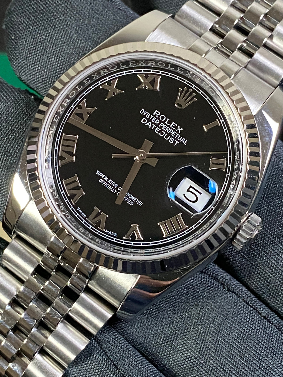 Rolex Steel Datejust 36 - 2019 - Fluted Bezel - Black Roman Dial - Jubilee Bracelet - 116234