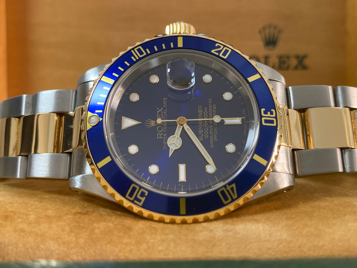 Rolex Yellow Gold and Steel Submariner Date - U serial - Pre Ceramic Blue Bezel - Blue Dial - 16613 *FULL SET*