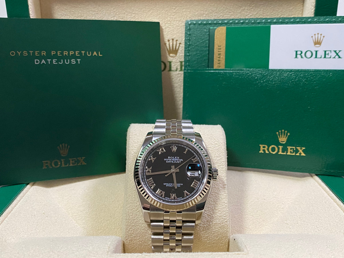 Rolex Steel Datejust 36 - 2019 - Fluted Bezel - Black Roman Dial - Jubilee Bracelet - 116234