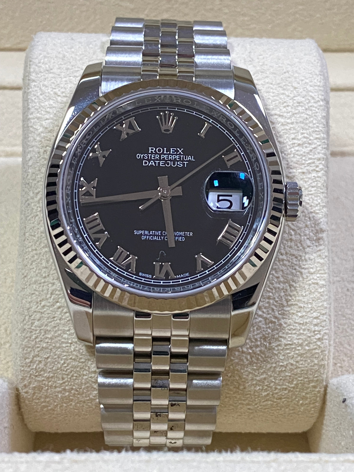 Rolex Steel Datejust 36 - 2019 - Fluted Bezel - Black Roman Dial - Jubilee Bracelet - 116234