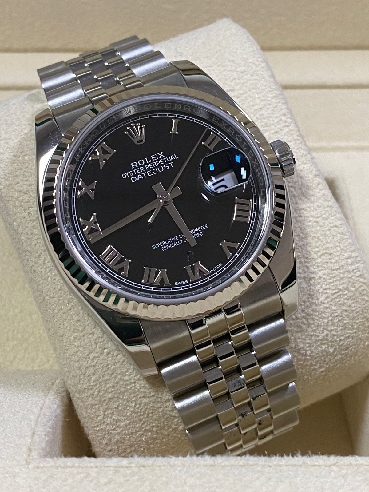 Rolex Steel Datejust 36 - 2019 - Fluted Bezel - Black Roman Dial - Jubilee Bracelet - 116234