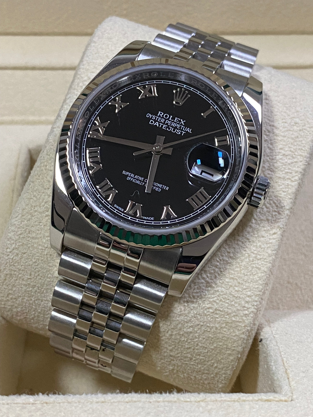 Rolex Steel Datejust 36 - 2019 - Fluted Bezel - Black Roman Dial - Jubilee Bracelet - 116234