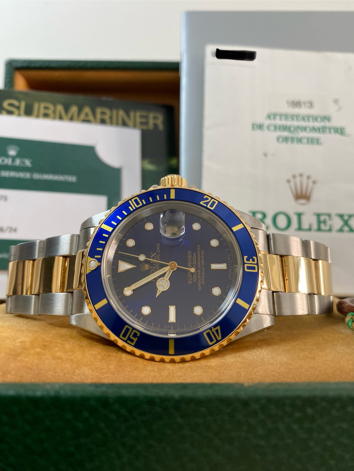 Rolex Yellow Gold and Steel Submariner Date - U serial - Pre Ceramic Blue Bezel - Blue Dial - 16613 *FULL SET*