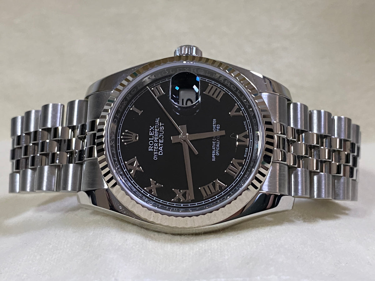 Rolex Steel Datejust 36 - 2019 - Fluted Bezel - Black Roman Dial - Jubilee Bracelet - 116234