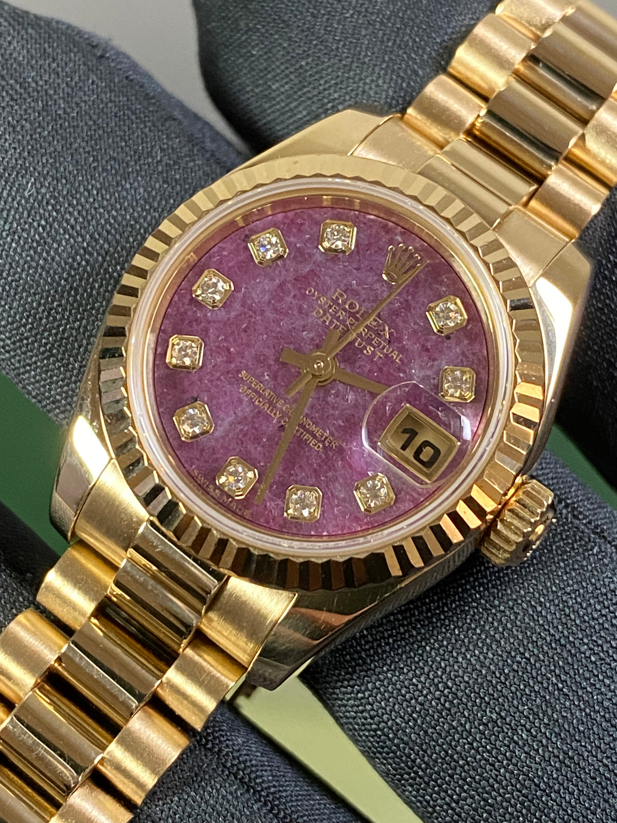 Rolex Yellow Gold Lady-Datejust - Y Serial - Fluted Bezel - Rubelite Diamond Dial - President Bracelet - 179178